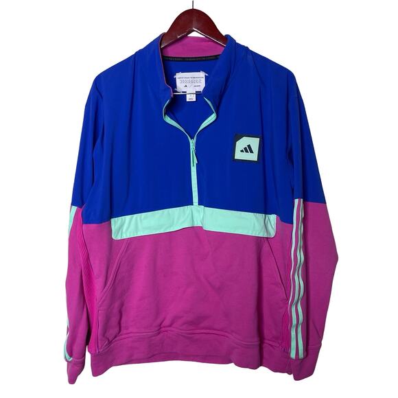 ADIDAS Men Golf Adicross Anorak 1/4-Zip Pullover BLUE PINK GREEN L - Picture 1 of 7
